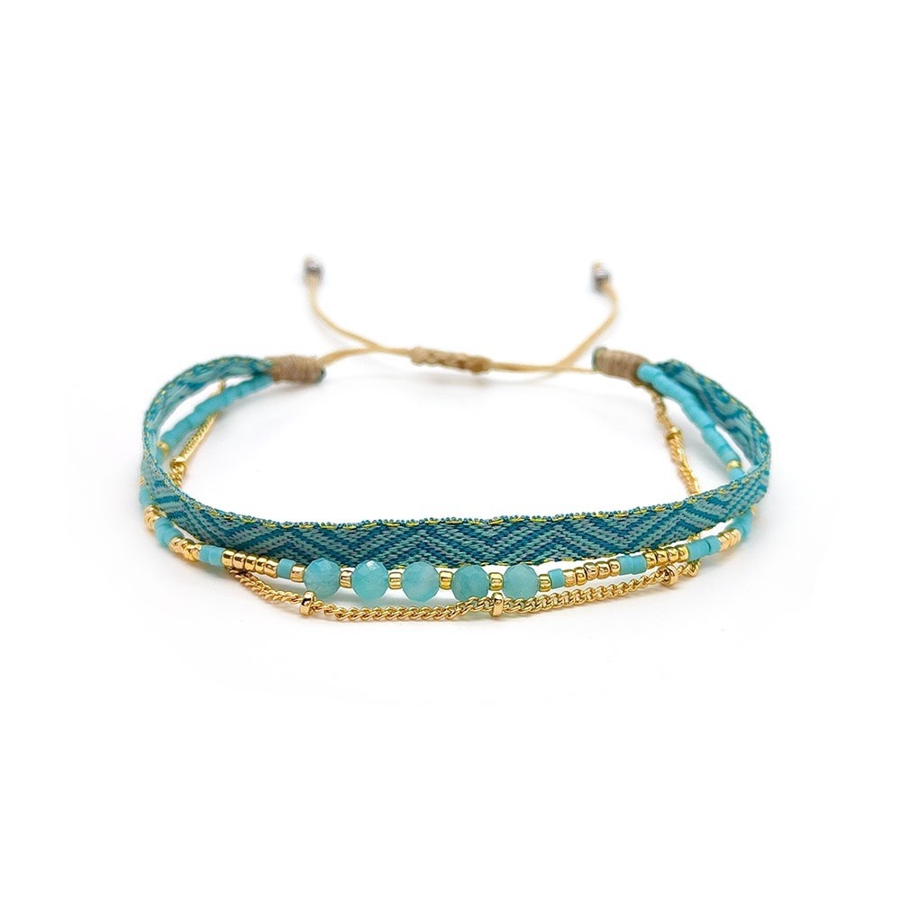 Boho Turquoise Beaded Multi Strand‎ Bracelet Gold Tone Woven Chevron Adjustable